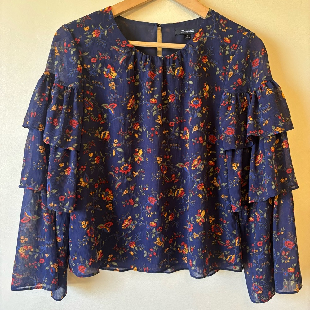 Madewell Floral Tiered Sleeve Top - Blue Blouse Women's Nice casual office small